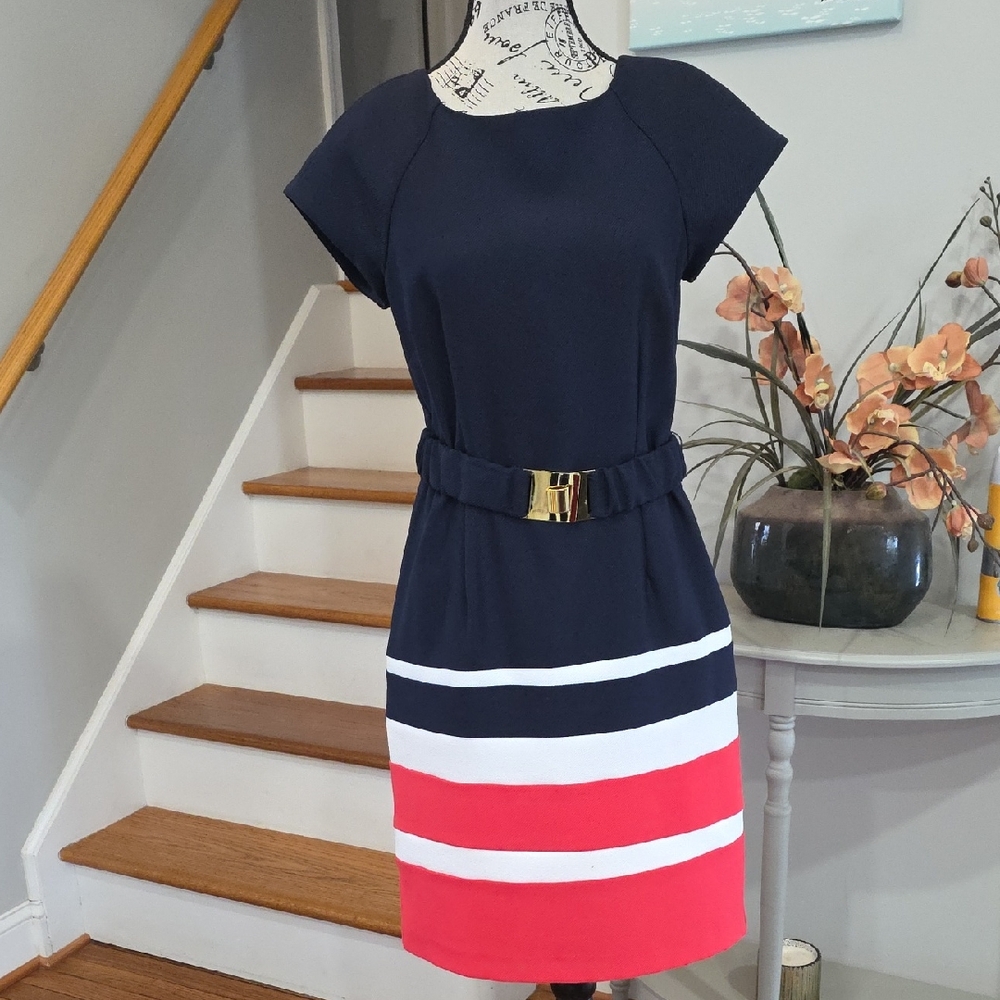 Elegant Navy and Pink Striped Mini Dress